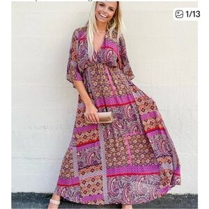 Entro Women's Pink Print Boho Paisley Maxi Dress Size Medium